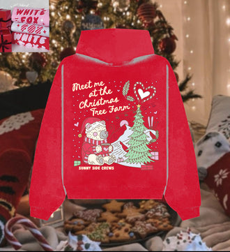 “Meet Me at The Christmas Tree Farm” Oversized “Cranberry” Embroidered Hoodie