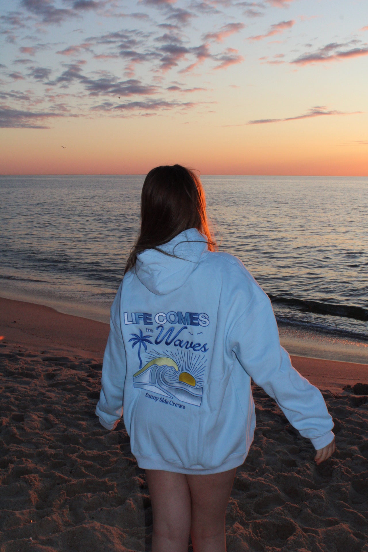 “Life Comes in Waves” Oversized “Seaside Blue” Embroidered Hoodie