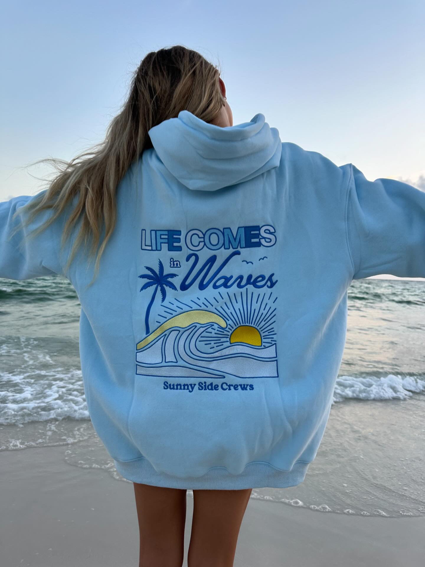 “Life Comes in Waves” Oversized “Seaside Blue” Embroidered Hoodie