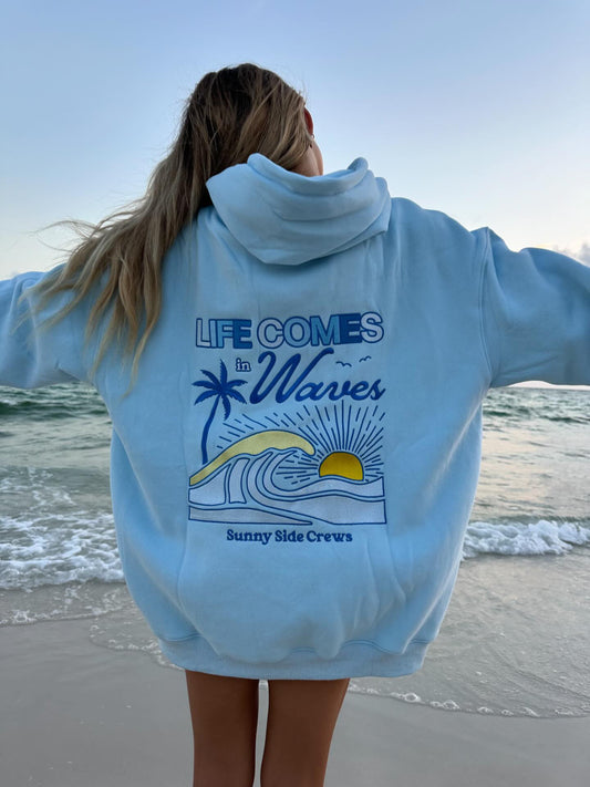 Life Comes in Waves “Seaside Blue”Oversized Embroidered Hoodie