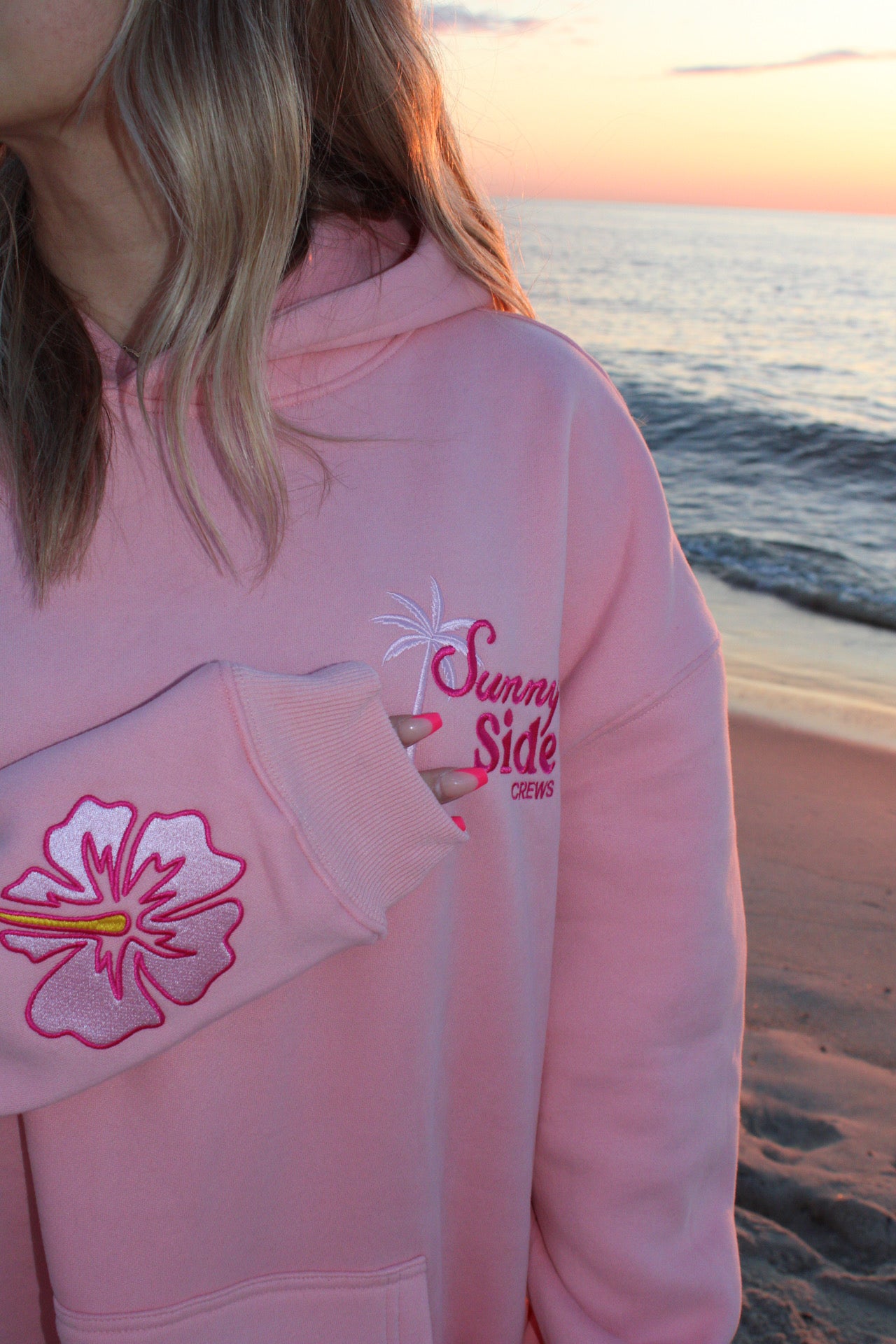 “Life Comes in Waves” Oversized “Blush Shores” Embroidered Hoodie