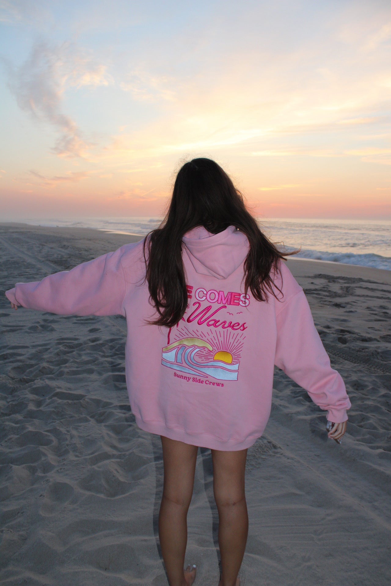 “Life Comes in Waves” Oversized “Blush Shores” Embroidered Hoodie