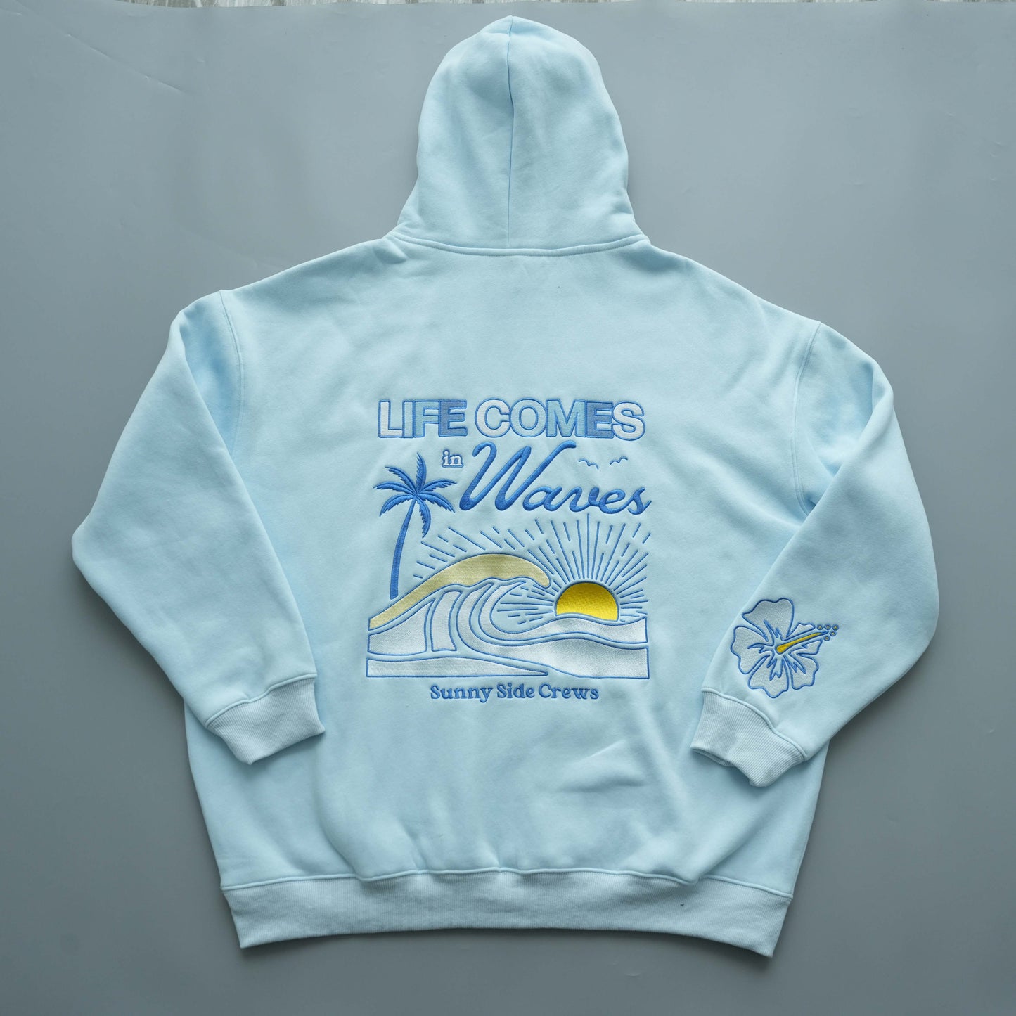 “Life Comes in Waves” Oversized “Seaside Blue” Embroidered Hoodie