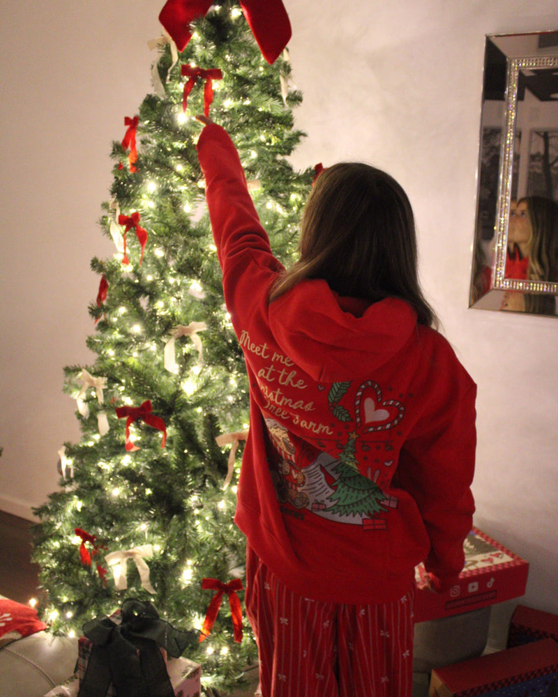 “Meet Me at The Christmas Tree Farm” Oversized “Cranberry” Embroidered Hoodie